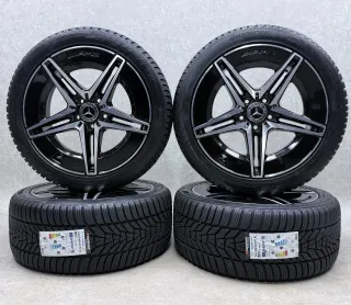 Background image for Original Mercedes W206 C Klasse 18 Zoll 5-Doppelspeichen-Rad Winter + RDKS A2064011700 Schwarz Glanzgedreht Neu